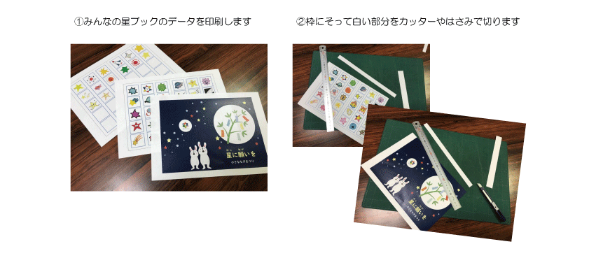 ①みんなの星ブックのデータを印刷します。 ②枠にそって白い部分をカッターやはさみで切ります。